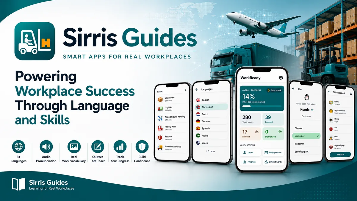 WorkReady Language app screens and workplace categories